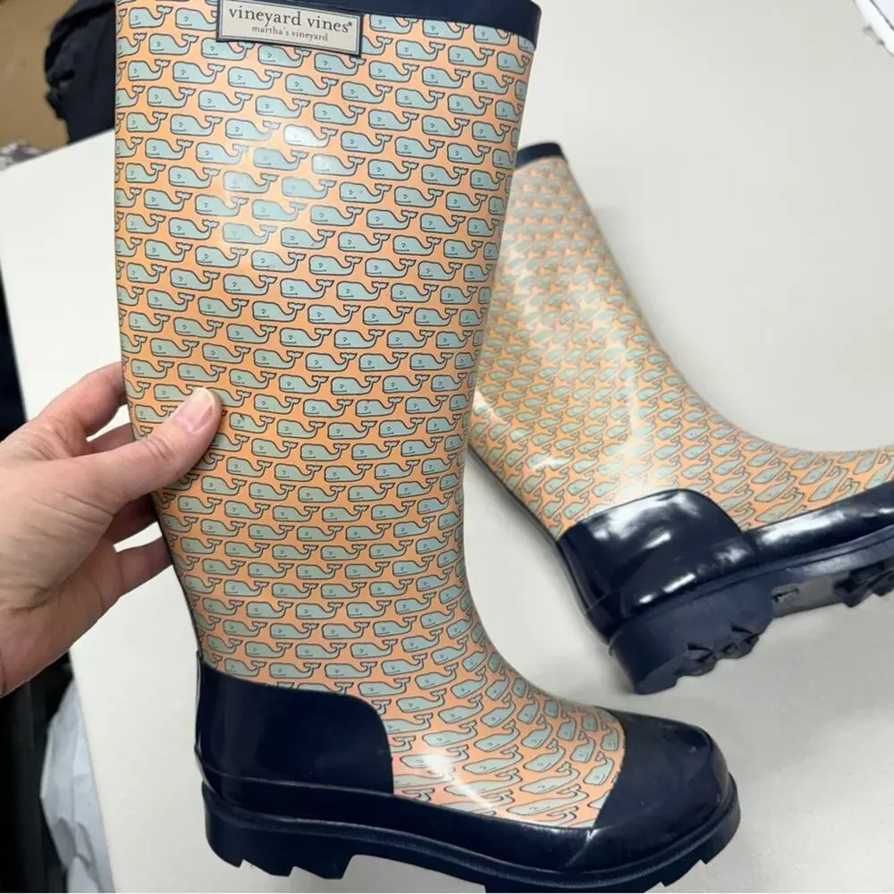 Vineyard Vines Orange Blue Wale Print Rubber Tall Rain Boots Womens 5 Classic